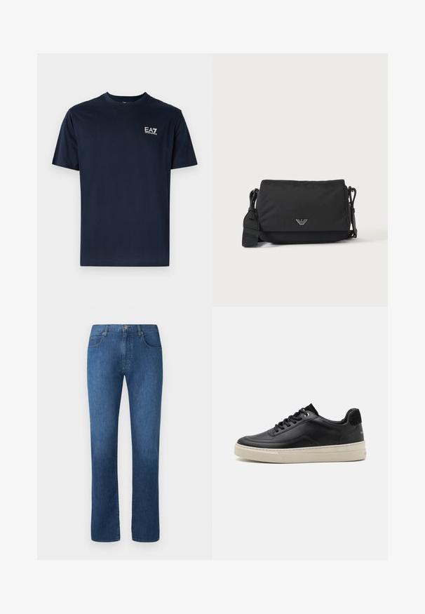 Navyblauwe katoenen t-shirt met korte mouwen, ronde halslijn en EA7-logo aan de linkerbovenkant in het wit. Gladde textuur, casual ontwerp.; Donkerblauwe denim jeans met een recht gesneden ontwerp, vijf zakken en een sluiting met een knoop aan de voorkant. Gladde textuur en klassieke stikdetails.; Zwart leren sneaker met een laag profiel, voorzien van een crèmekleurige rubberen zool, ronde neus en vetersluiting, geaccentueerd met een zwarte suede hiel.; Zwarte crossbodytas met verstelbare band en klein zilverkleurig logo-embleem op de voorflap, afgebeeld op een effen lichte achtergrond.