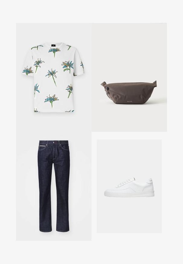 Hvid kortærmet t-shirt med et gentaget blomstermønster i blå, gul og grøn, med konturer i sort, lavet af letvægtsstof.; Mørkeblå denim jeans med lige pasform, diskrete kontrastsyninger, fem lommer og knappelukning i taljen.; Hvid lavt sneaker med snørelukning, glat læderoverdel og tyk sål, vist fra siden på en ensfarvet baggrund.; Mørkebrun stof talje taske med diagonalt lynlåslomme og lille hvidt logo på fronten, sat mod en ensfarvet lys baggrund.