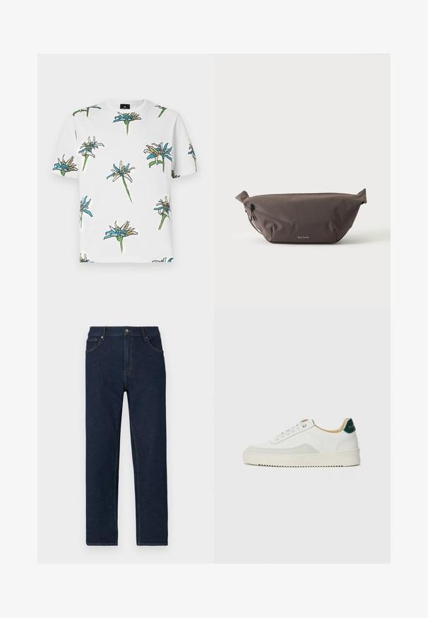 Camiseta blanca de manga corta con un patrón floral repetido en azul, amarillo y verde, con contornos en negro, hecha de un tejido ligero.; Jeans de mezclilla azul oscuro con corte recto, diseño de cinco bolsillos y costuras visibles. Presenta un cierre de botón en la cintura.; Zapatilla blanca con acentos de ante, puntera redondeada, cordones planos y suela de goma color crema. Presenta un logo verde en el talón.; Riñonera de tela marrón oscuro con bolsillo diagonal con cremallera y pequeño logo blanco en el frontal, sobre un fondo liso y claro.