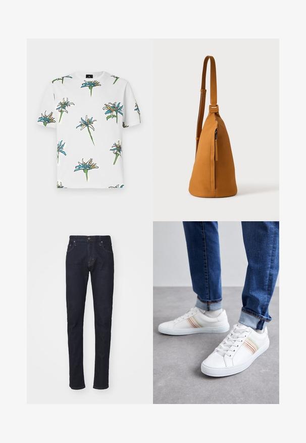 Camiseta blanca de manga corta con un patrón floral repetido en azul, amarillo y verde, con contornos en negro, hecha de un tejido ligero.; Jeans de denim azul oscuro con un corte slim, diseño de cinco bolsillos y cierre de botón. Presenta costuras en contraste y un corte de pierna recta.; Zapatillas de cuero blancas con rayas multicolores, diseño de cordones, suela de goma y cuello acolchado, combinadas con jeans de mezclilla azul.; Bolso bandolera de piel color canela con correa ajustable y bolsillo vertical con cremallera, mostrado de lado sobre un fondo claro y liso.