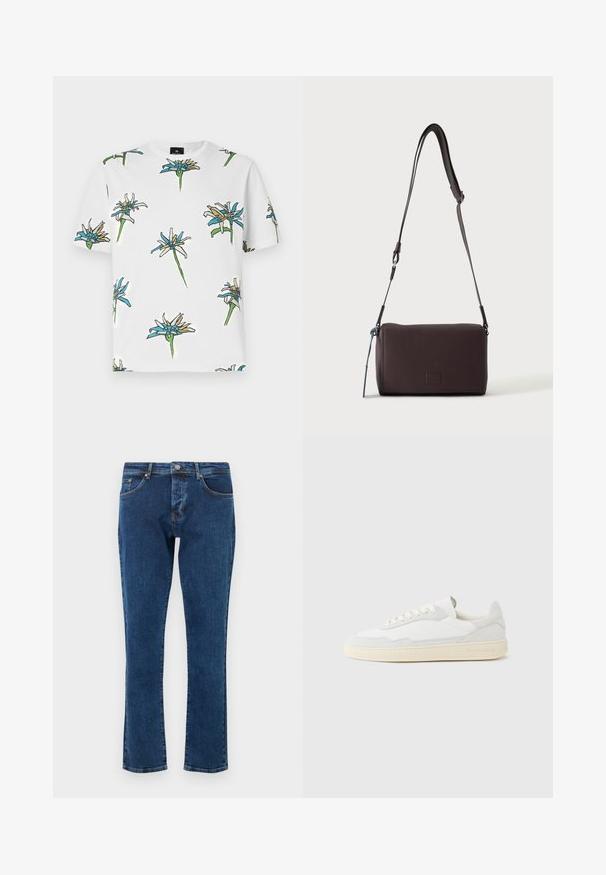 Witte korte mouwen t-shirt met een herhaald bloemmotief in blauw, geel en groen, met zwarte omrandingen, gemaakt van lichte stof.; Donkerblauwe denim jeans met een rechte pijp, vijf zakken en een metalen knoop in de taille. Gladde textuur met minimale vervaging.; Witte sneaker met een bovenwerk van gestructureerd suède en leer. Voorzien van een afgeronde neus, vetersluiting en een contrasterende beige rubberen zool.; Donkerbruine gestructureerde leren crossbodytas met verstelbare riem en klein decoratief blauw accent aan de zijkant.
