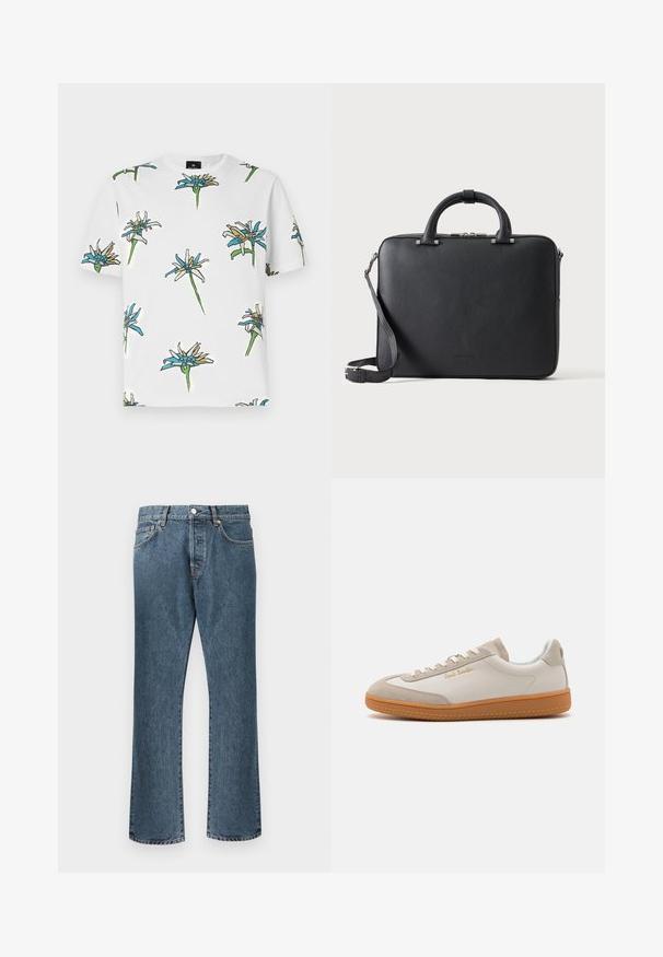 Weißes T-Shirt mit kurzen Ärmeln, das ein wiederholtes Blumenmuster in Blau, Gelb und Grün mit schwarzen Umrissen zeigt, hergestellt aus leichtem Stoff.; Blaue Denim-Jeans mit geradem Bein, ausgestattet mit einem klassischen Knopf- und Reißverschluss, fünf Taschen und dezenten Ausbleichungen.; Weiße und beigefarbene Low-Top-Sneaker mit Gummisohle, weißen Schnürsenkeln, Wildleder-Details und goldenem "Paul Smith"-Logo an der Seite.; Schwarze, strukturierte Leder-Aktentasche mit Doppelgriffen, abnehmbarem Schulterriemen und oberem Reißverschlussverschluss auf hellem, einfarbigem Hintergrund.