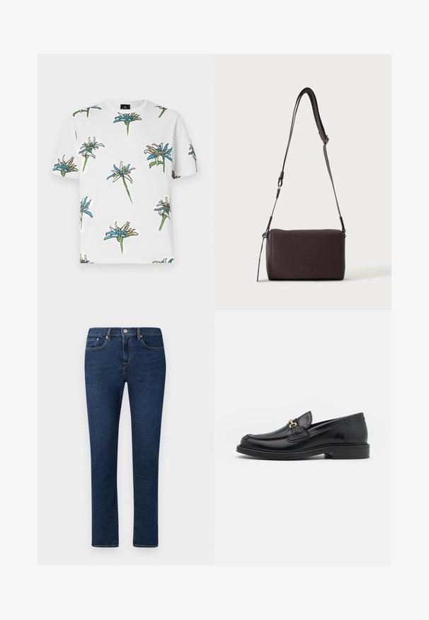 Hvid kortærmet t-shirt med et gentaget blomstermønster i blå, gul og grøn, med konturer i sort, lavet af letvægtsstof.; Mørkeblå denimjeans med lige ben, der har en klassisk fem-lomme stil og en knaplukning i taljen.; Sorte læder loafers med en rund tå, der har guld hardware accent og syningsdetaljer, placeret på en lav, tekstureret gummisål.; Mørkebrun textured læder crossbody taske med justerbar rem og lille dekorativ blå accent på siden.