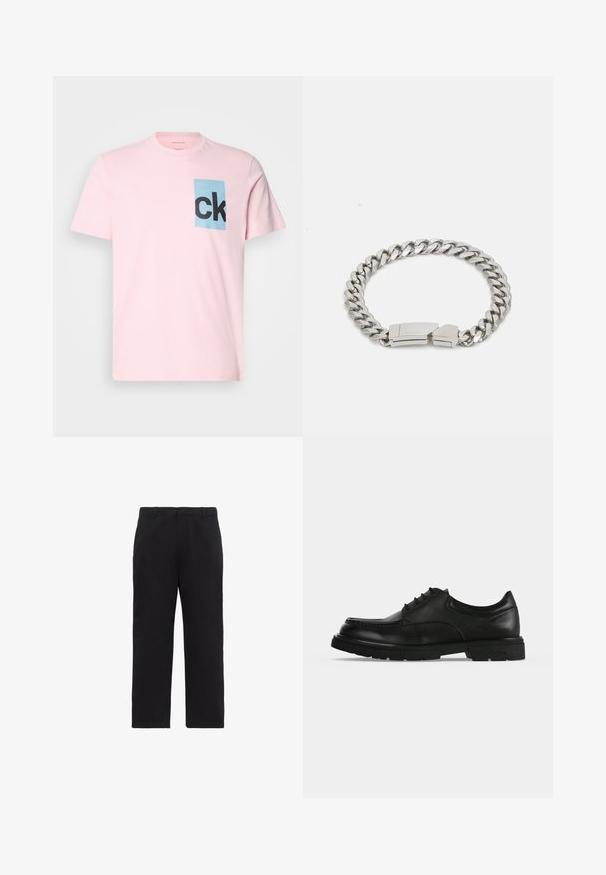 Ροζ βαμβακερό T-shirt με μπλε ορθογώνια εφαρμογή με μαύρα γράμματα "ck". Βραχυμάνικο και με στρογγυλή λαιμόκοψη. Λείες υφές.; Μαύρο παντελόνι με ίσια γραμμή και θηλιές για ζώνη, με φερμουάρ μπροστά και πλαϊνές τσέπες, απεικονίζεται σε λευκό φόντο.; Μαύρο δερμάτινο επίσημο παπούτσι με κορδόνια, χοντρή σόλα και στρογγυλεμένη μύτη, εμφανίζεται σε πλευρικό προφίλ σε απλό ανοιχτό φόντο.; Calvin Klein ELECTRIC - Βραχιόλι - silver-coloured
