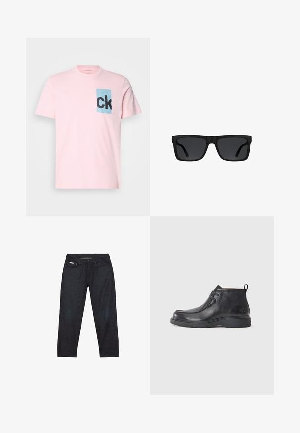 Lyserød bomulds T-shirt med en blå rektangulær lap med sort "ck" bogstaver. Korte ærmer og rund halsudskæring. Glat tekstur.; Mørkeblå denimjeans med et lige ben, der har fem lommer og minimal syning for et rent udseende.; Sorte læder ankelstøvler med rund tå, snørelukning og en løkke bagpå. Tekstureret overdel og gummisål.; Sorte rektangulære solbriller med tykke stel og mørketonede linser på hvid baggrund.