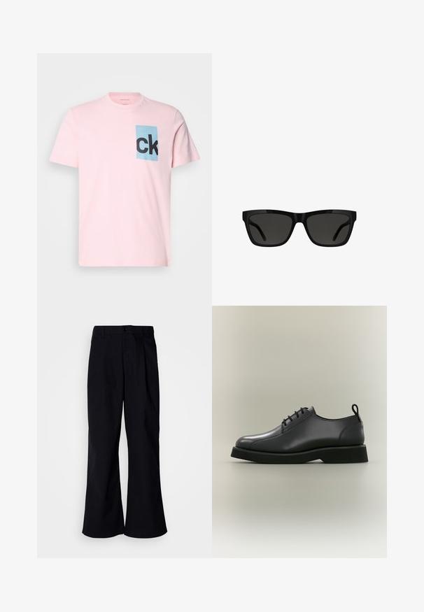 Lyserød bomulds T-shirt med en blå rektangulær lap med sort "ck" bogstaver. Korte ærmer og rund halsudskæring. Glat tekstur.; Sorte bredbenede bukser lavet af bomuld med en frontfold, der har knaplukning og bæltestropper, glat tekstur og ingen synlige mønstre.; Sort lædersnøresko med rund tå, tyk sål og hælrems på en neutral baggrund.; Sorte solbriller med en rektangulær form, blank plastikkant, mørke linser og et slankt stelldesign, egnet til forskellige ansigtsformer.