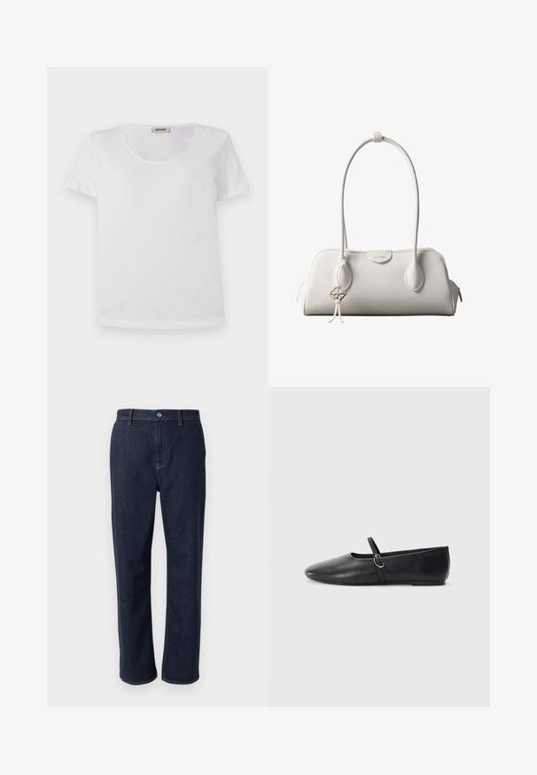 T-shirt blanc à manches courtes en tissu doux, avec un col rond et un ourlet droit sans motifs ni accents visibles.; Jeans en denim bleu foncé avec une coupe droite, dotés d'une fermeture éclair, de poches avant et de coutures visibles dans une couleur contrastante.; Ballerines noires en cuir avec un bout pointu, une semelle plate et une petite sangle avec un détail de boucle en argent.; Sac à bandoulière blanc Calvin Klein avec longues poignées, forme rectangulaire, fermeture éclair et charm logo décoratif suspendu près de la poignée.