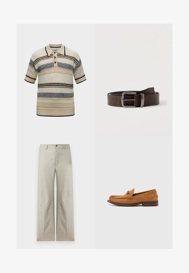 Polo à manches courtes rayé beige et noir avec motif en tricot texturé et trois boutons noirs sur le plastron avant.; Pantalon formel beige clair à jambes droites, fermeture avec bouton et fermeture éclair, passants pour ceinture, présenté sur un fond blanc.; Mocassin pour homme en daim marron clair avec détail en métal et couture mocassin, présenté en profil sur un fond blanc uni.; Ceinture en cuir marron foncé avec une boucle rectangulaire en argent, enroulée et placée sur un fond clair et neutre.