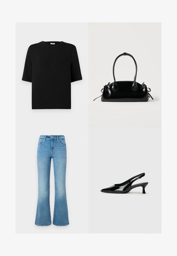 Must musta T-särk lühikeste varrukatega, ümmarguse kaelusega ja vabalt istuv. Sile tekstuur ja lihtne, minimalistlik disain. Ilma mustrite või aksessuaarideta.; Heledad sininen denim fliisirõivastest püksid esipocketitega, vöölöövidega ja nööbiga kinnitamine valge taustaga.; Mustad õhukesed kingad mustast lakknahast, terava varbaga ja madala plokknõelaga. Reguleeritav pandla rihm ankle.; Väike must läikiv käekott kahe pika sangaga ja külgedel paelakinnitustega, ühel lihtsal helel taustal.