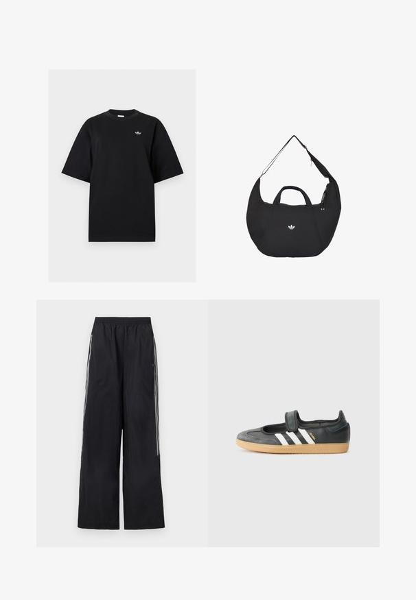 Sort T-shirt med korte ærmer og rund halsudskæring med lille hvid Adidas Trefoil-logo på venstre bryst, vist på en ensartet lys baggrund.; Sorte trackpants med vide ben, elastisk talje og tre hvide striber på hver side af benene.; Sort læder- og ruskinds sneakers med en Velcro-rem, der har tre hvide striber og en gummisål, mærket "SAMBA" på siden.; Sort halvmåneformet Adidas taske med dobbelte håndtag og en justerbar skulderrem, der viser det hvide Adidas trefoil-logo midt for.