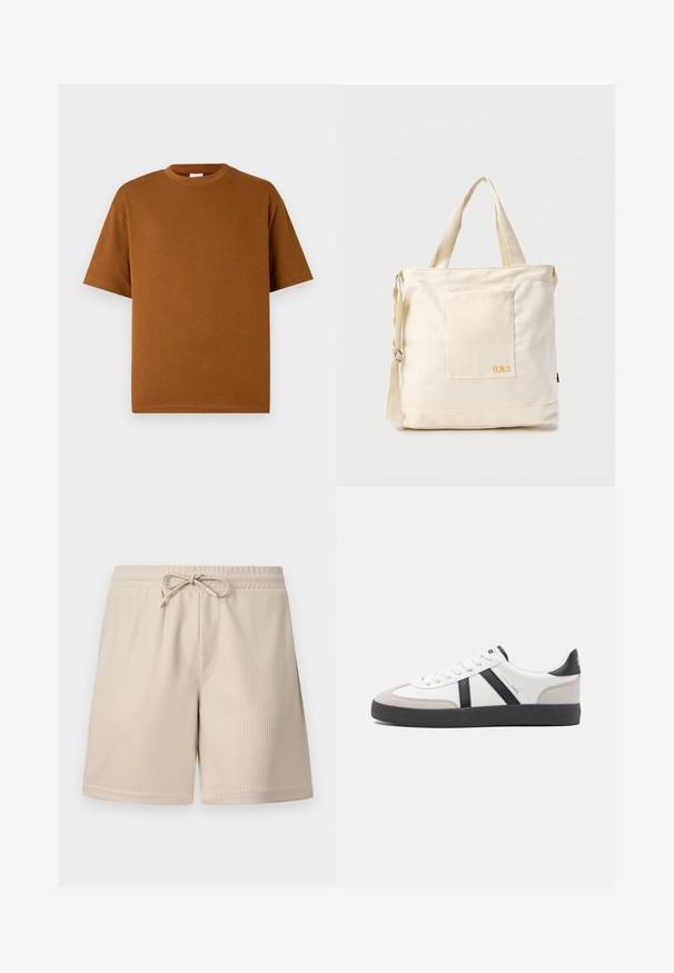 Bruin t-shirt met korte mouwen, gemaakt van zachte stof, met een ronde halslijn en een ontspannen pasvorm met rechte onderrand. Geen zichtbare patronen of accenten.; Beige shorts met een geribbelde textuur, een tailleband met trekkoord en zijzakken, die een eenvoudig en functioneel ontwerp laten zien.; Witte sneaker met zwarte en grijze accenten, voorzien van een grijze neus met textuur, zwarte rubberen zool en platte witte veters. Schoon ontwerp, minimalistische stijl.; Crèmekleurige canvas boodschappentas met voorvak, twee handvatten, verstelbare schouderriem en kleine gele "O.N.S" tekst rechtsonder op het vak.