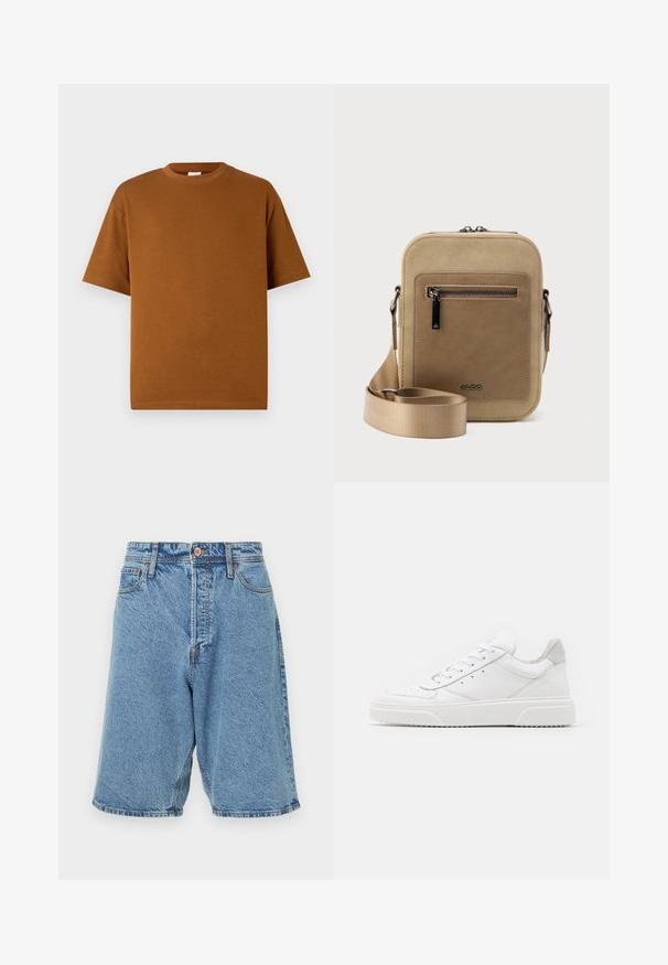 Brun kortærmet t-shirt lavet af blødt stof, med rund halsudskæring og afslappet pasform med lige kant. Ingen synlige mønstre eller accenter.; Lysblå denimshorts med en falmet tekstur. Har en frontlukning med knap, bæltestropper og sidelommer. Kraftig syning som accent.; Hvide lædersneakers med en glat finish, rund tå, flade snørebånd og en struktureret sål. Grå ruskindsdetalje ved hælen.; Lille beige crossbody-taske med lynlåslomme foran, metal ALDO-logo, justerbar bred rem og rundet rektangulær form på hvid baggrund.