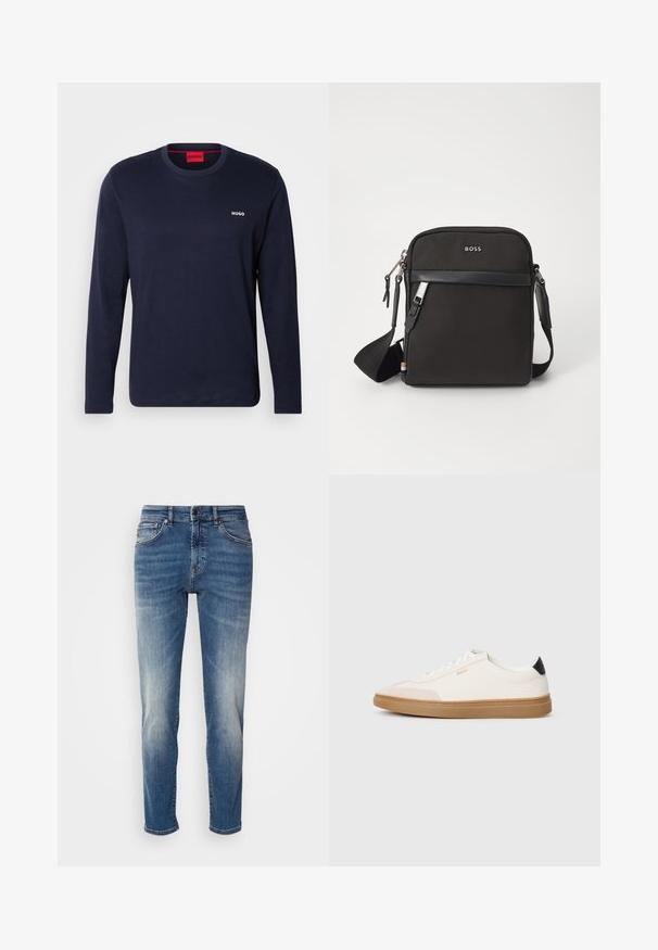 Donkerblauwe lange mouwen t-shirt van katoen met een ronde halslijn, witte "HUGO" logo op de borst en een eenvoudige, gladde textuur.; Blauwe denim jeans met een recht model, lichte vervaging, klassieke vijf-pocketstijl en een ritssluiting met knoopsluiting.; Witte sneakers met beige accenten, bovenwerk van glad leer, ronde neus en rubberen gumzool, met een zwarte hieltab en subtiele branding.; Zwarte schoudertas van textuurstof, met logo aan de voorkant, ritssluiting en verstelbare schouderband. Voorzien van een gladde leren rand.