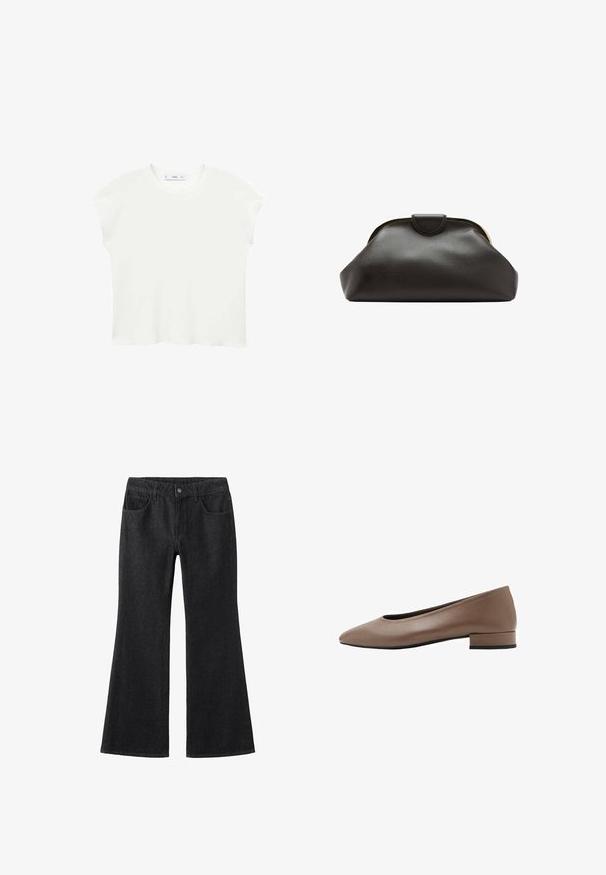 Witte t-shirt met korte mouwen, een ronde hals, een zachte textuur en een ontspannen pasvorm. De iets afgeronde zoom voegt een casual accent toe.; Zwarte spijkerbroek met uitlopende pijpen, featuring een hoge taille, vijf zakken, contrasterende stiksels en een klassieke knoopsluiting.; Lichtbruine leren ballerina met een spitse neus, lage blokhak en een gladde textuur. Minimalistisch ontwerp zonder zichtbare patronen of accenten.; Zachte zwarte leren clutch met een afgerond frame en een kleine lipsluiting bovenin het midden.