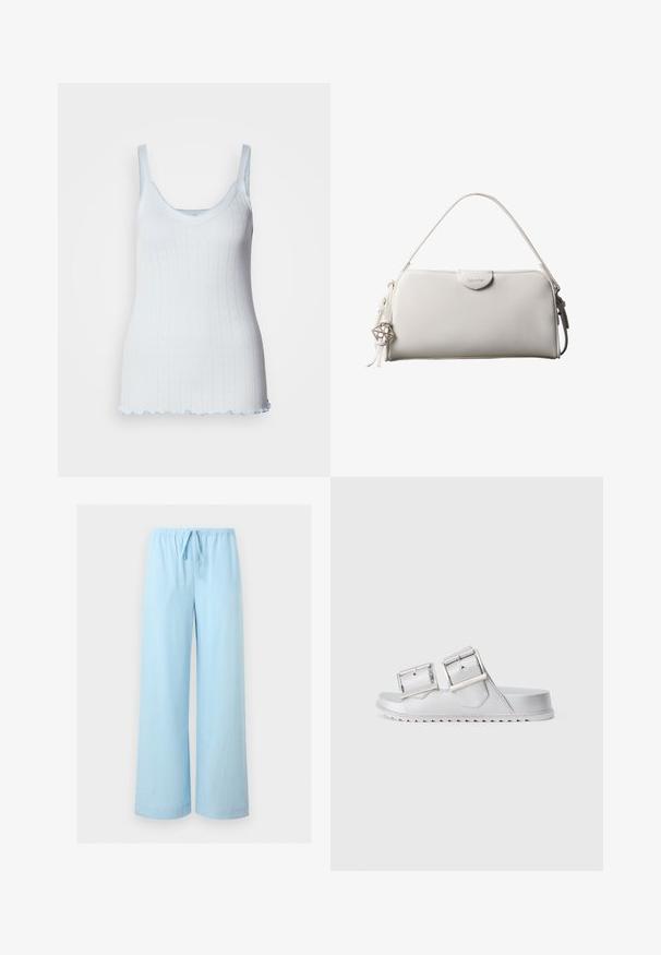Débardeur bleu clair en tissu texturé avec décolleté en cœur, fines bretelles et ourlet festonné. Présente un motif en forme de cœur sur l'ensemble.; Pantalon ample bleu clair avec une taille élastique et un cordon de serrage, présenté sur un fond gris uni.; Sandales argentées avec deux larges brides réglables, matériau texturé et une semelle plate présentant un motif en zigzag au fond.; Sac à main rectangulaire blanc Calvin Klein avec une seule poignée, design minimaliste et pampilles décoratives avec un charm métallique géométrique sur le côté.