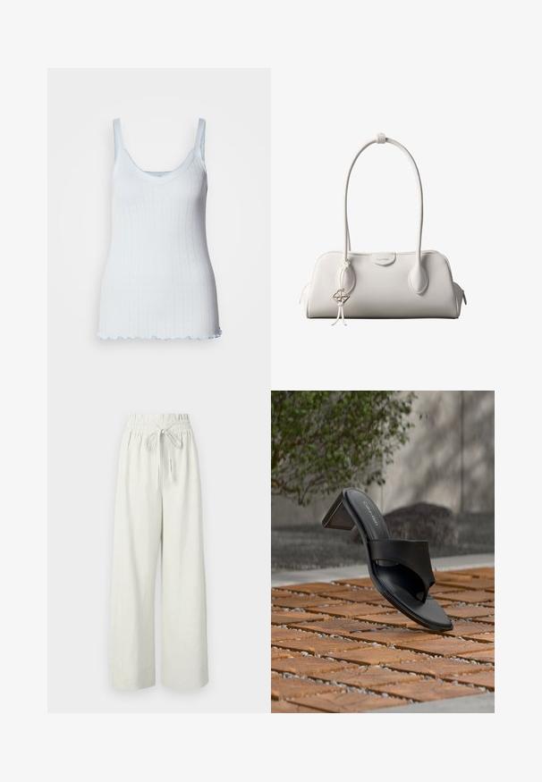 Débardeur bleu clair en tissu texturé avec décolleté en cœur, fines bretelles et ourlet festonné. Présente un motif en forme de cœur sur l'ensemble.; Pantalon blanc taille haute à jambes larges avec taille élastique et cordon, en tissu léger.; Sandale à talon noire Calvin Klein avec boucle pour l’orteil, posée sur un sol en carreaux de bois en extérieur, près d’un arbre et d’un mur en pierre.; Sac à bandoulière blanc Calvin Klein avec longues poignées, forme rectangulaire, fermeture éclair et charm logo décoratif suspendu près de la poignée.