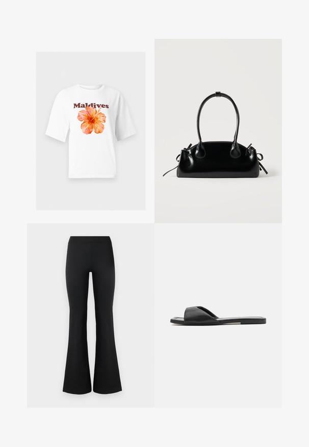 Λευκό T-shirt με κοντά μανίκια, με μεγάλο πορτοκαλί άνθος ϊβίσκου και τη λέξη "Maldives" τυπωμένη πάνω από το λουλούδι.; Μαύροι καμπάνα παντελόνια φτιαγμένα από ένα λείο, ελαστικό ύφασμα. Διαθέτουν ψηλή μέση και καμπάνες στις άκρες για μια στενή εμφάνιση. Απλός σχεδιασμός.; Οι μαύρες σανδάλες διαθέτουν λείο συνθετικό υλικό, σχέδιο ανοιχτού δαχτύλου και επίπεδη σόλα με μια μίνιμαλ λωρίδα διακόσμησης στο πλάι.; Μικρή μαύρη γυαλιστερή τσάντα με δύο μακριές λαβές και λεπτομέρειες με ρυθμιζόμενο κορδόνι στο πλάι σε απλό ανοιχτό φόντο.