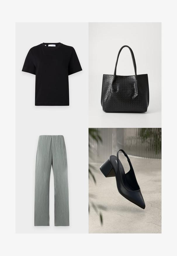 T-shirt noir uni à manches courtes avec col rond, coupe décontractée et petite étiquette au col.; Pantalon large gris clair à taille haute avec des lignes texturées verticales, présenté sur un fond blanc uni.; Escarpin noir en cuir avec un bout pointu et un talon bloc. Texture lisse, design minimaliste et bride de cheville réglable.; Sac de tote en cuir tressé noir avec deux poignées, forme structurée et finition légèrement brillante sur un fond clair.
