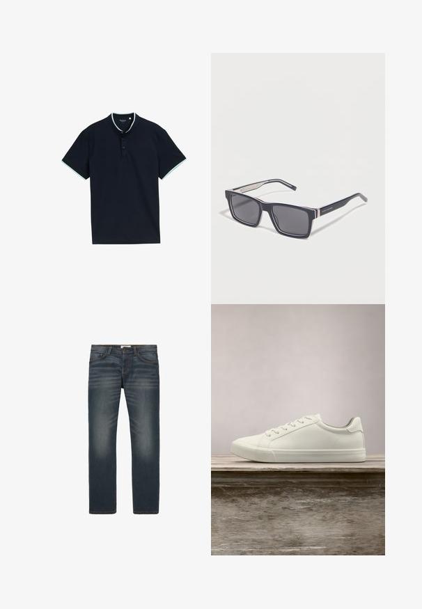 Marineblaues Poloshirt aus strukturiertem Stoff, mit Stehkragen, drei Knöpfen und hellblauen Akzenten am Kragen und den Ärmeln.; Dunkelblaue Jeans mit geradem Bein, leichter Ausbleichung, orangefarbenen Nähten, fünf Taschen und einem Knopfverschluss an der Taille.; Weiße Schnürsneaker, die über einer Holzbank mit grünem Laub im Hintergrund schweben und das Schuhdesign sowie die Textur zeigen.; Schwarze rechteckige Tommy Hilfiger Sonnenbrille mit dunklen Gläsern und dezenten silbernen Akzenten an den Bügeln.