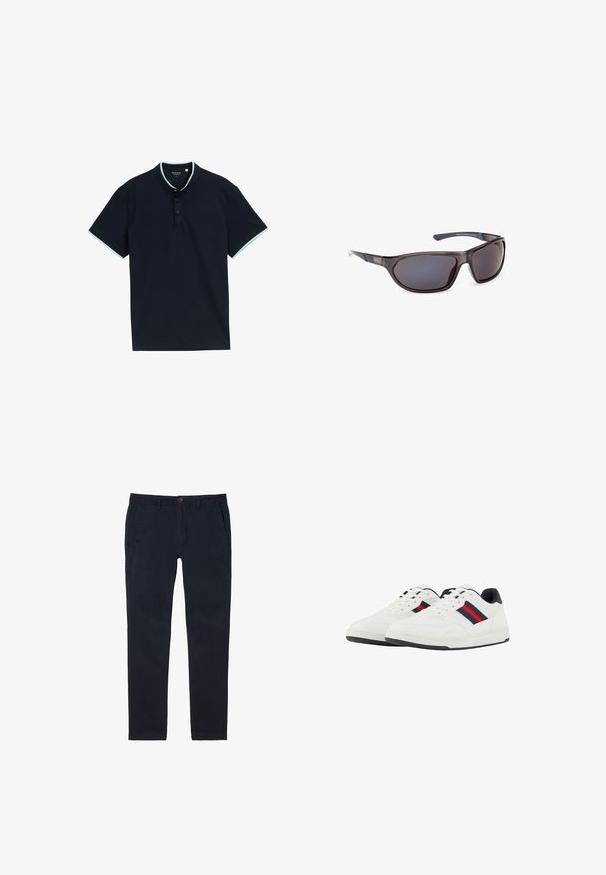 Marineblaues Poloshirt aus strukturiertem Stoff, mit Stehkragen, drei Knöpfen und hellblauen Akzenten am Kragen und den Ärmeln.; Marineblaue Baumwoll-Chinos mit schmaler Passform, Reißverschluss und Knopfverschluss. Mit vorderen Taschen und strukturiertem Finish.; TOM TAILOR Sneaker low - white navy; Polarisierte Sonnenbrillen mit einem dunkelgrauen Rahmen, blauen Akzenten und verlaufenden Gläsern. Glatte Oberfläche mit sportlichem Design und geschwungener Form.