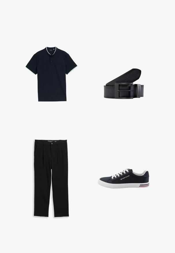 Marineblaues Poloshirt aus strukturiertem Stoff, mit Stehkragen, drei Knöpfen und hellblauen Akzenten am Kragen und den Ärmeln.; Schwarze Hosen aus weichem Stoff, mit lockerer Passform, zwei Fronttaschen und einem Knopfverschluss mit einem schmalen Bund.; Marineblaue Sneaker mit weißen Schnürsenkeln, Gummisohle und Logo an der Seite. Verfügt über ein strukturiertes Obermaterial und einen Streifenakzent auf der Sohle.; Schwarzer Leder Gürtel mit strukturiertem Finish, ausgestattet mit einer rechteckigen schwarzen Metallschnalle und einem Markenakzent. Glatte Kanten und geschichtetes Design.