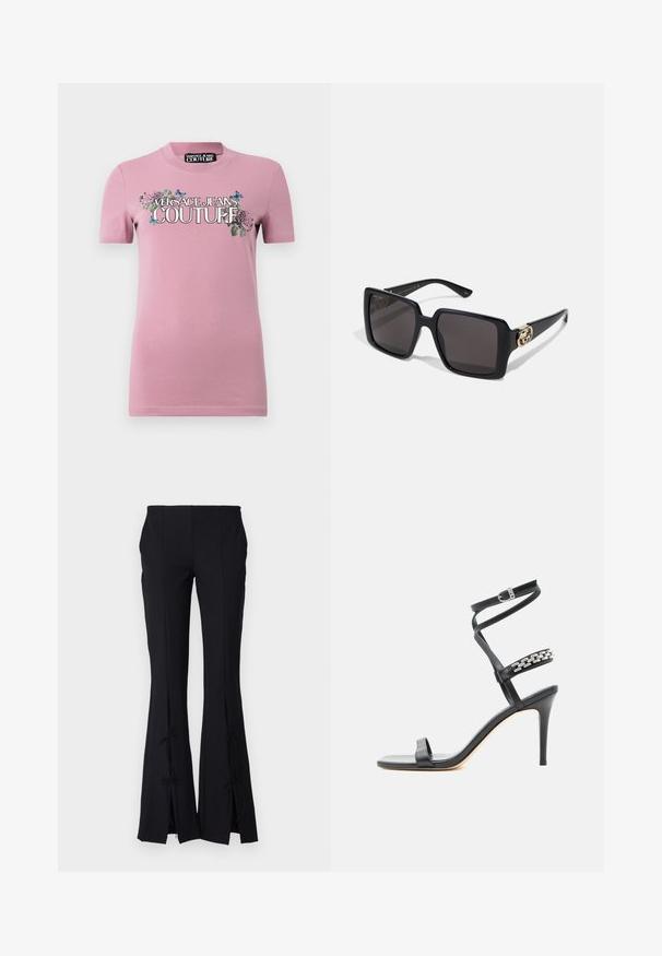 Roosa puuvillane T-särk lühikeste varrukatega ja ümar kaelus. Esipoolne graafika sisaldab lillemotiive ja "VERSACE JEANS COUTURE" julgete tähtedega.; Mustad flared püksid, mis on valmistatud siledast kangast, esitavad hemil lõikeid, mis on seotud paeladega lisadetaili jaoks.; Mustad kõrgete kontsadega sandaalid, millel on õhuke pahkluu rihm, keskjala rihm, mis on kaunistatud hõbedaste kettlinkidega, ja avatud varbaga disain.; Gucci Päikeseprillid - black-black-grey
