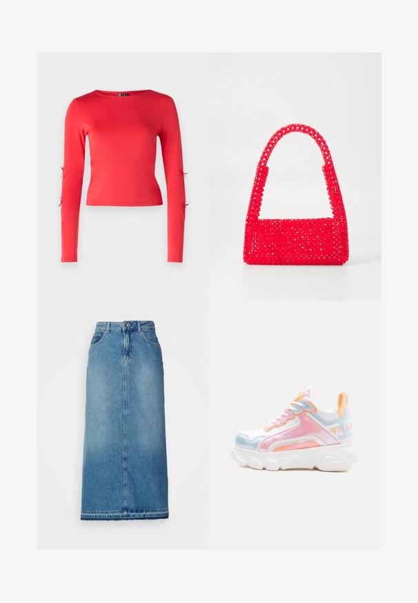 Červený dlhý rukáv top vyrobený z hladkého materiálu. Má okrúhly výstrih a viazanky na vonkajších rukávoch pre nastaviteľné nosenie.; ONLY Denim ONLNELIA Denim Denim Long - Denimová sukňa - light blue denim; Masívna biela teniska s pastelovo ružovými, modrými a oranžovými akcentmi, hrubou podrážkou, šnurovacím predkom a značkovou pútkom na päte.; Červená kabelka vyrobená z plastových korálkov, so štvorcovou základňou a zakrivenou rukoväťou. Povrch má textúrovaný, lesklý povrch so vzorom korálok.