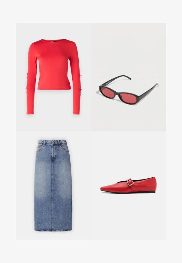 Rotes Langarmoberteil aus glattem Material. Verfügt über einen runden Ausschnitt und Bindebänder an den äußeren Ärmeln für eine verstellbare Passform.; Jeans Bleistiftrock in mittlerem Washed Blue, mit hoher Taille, geradem Schnitt, vorderer Naht und ohne sichtbare Verzierungen oder Taschen.; Rote Leder-Ballerina mit einer spitzen Zehe, ausgestattet mit einem Seitenriemen mit einer Metallschnalle und einem niedrigen schwarzen Absatz. Glatte Textur über die gesamte Fläche.; Schwarze ovale Sonnenbrille mit schlanken Bügeln und rot getönten Gläsern, die auf einer weißen Oberfläche liegt.