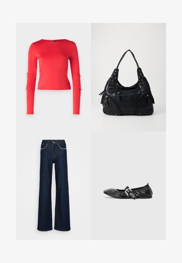Rotes Langarmoberteil aus glattem Material. Verfügt über einen runden Ausschnitt und Bindebänder an den äußeren Ärmeln für eine verstellbare Passform.; Dunkelblaue weite Jeans aus Denim mit hoher Taille, metallischer Knopfverschlus und dekorativen Nähten entlang der Taschen.; Schwarze Leder-Ballerinas mit spitzem Zehenbereich, gerafften Details am Schaft und einem silbernen Schnallenakzent am verstellbaren Riemen.; Schwarze Ledertasche mit doppelten Griffen, vorderen Reißverschlusstaschen und metallenen Nieten, vor einem schlichten hellen Hintergrund.