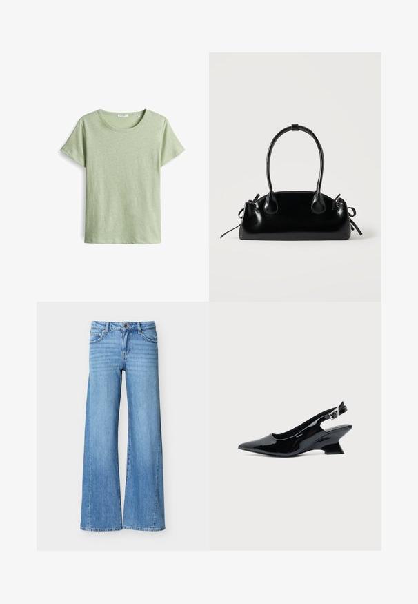 Grünes Kurzarm-T-Shirt aus strukturiertem Stoff, mit einem runden Ausschnitt und geradem Schnitt. Einfaches Design ohne zusätzliche Muster.; Hellblaue Jeans aus Denim mit hoher Taille, Knopf- und Reißverschluss, Fronttaschen und weitem Bein.; Schwarzer Slingback-Schuh aus Lackleder mit spitzer Spitze und niedrigem, schrägem Blockabsatz auf einfachem hellem Hintergrund.; Kleine schwarze glänzende Handtasche mit zwei langen Griffen und seitlichen Kordelzug-Details vor einfachem hellem Hintergrund.