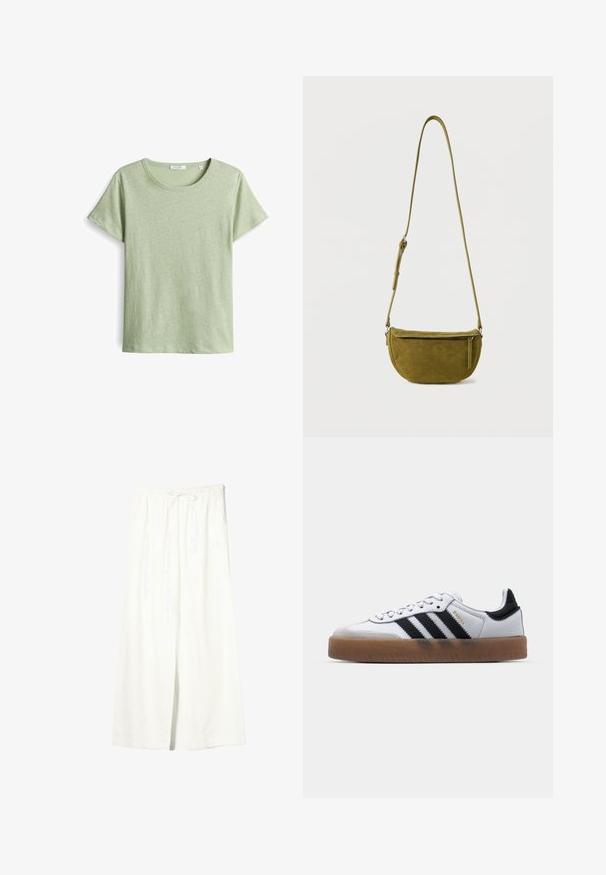 Grünes Kurzarm-T-Shirt aus strukturiertem Stoff, mit einem runden Ausschnitt und geradem Schnitt. Einfaches Design ohne zusätzliche Muster.; Weiße Leinenhose mit weitem Bein, elastischem Bund und Kordelzug, ausgestattet mit Seitentaschen und einem vorderen Schlitz.; Weiße Leder Sneakers mit schwarzen Streifen, Gummigummi-Außensohle, runder Zehenform, Schnürverschluss und weichem grauem Wildleder-Zehenkappe.; Olivgrüne Wildleder-Umhängetasche mit verstellbarem Riemen und Reißverschlusstasche vorne vor einfachem weißem Hintergrund.