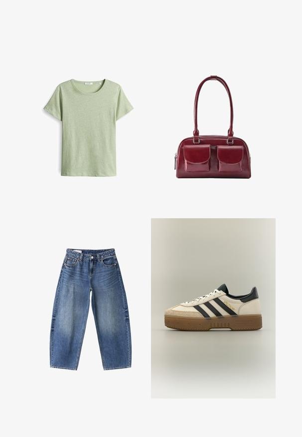 Grünes Kurzarm-T-Shirt aus strukturiertem Stoff, mit einem runden Ausschnitt und geradem Schnitt. Einfaches Design ohne zusätzliche Muster.; Blaue Denim-Jeans in lockerer Passform, mit Vorderknopf und Reißverschluss, Taschen vorne und hinten sowie ausgewaschenen Waschdetails.; Weißer Adidas Sneaker mit schwarzen Streifen, beiger Wildlederkappe, brauner Sohle und "SPEZIAL" in goldener Schrift an der Seite.; Dunkelrote Lederhandtasche mit zwei vorderen Klappentaschen und langen Schulterriemen, gezeigt auf weißem Hintergrund.