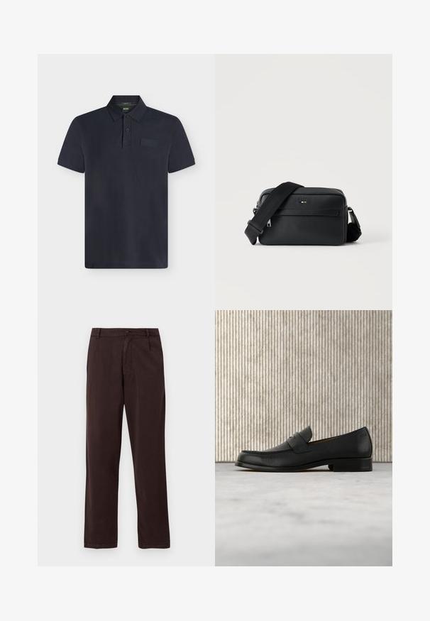 Polo noir à manches courtes avec un col côtelé, une patte à deux boutons et un logo embossé discret sur la poitrine gauche.; Pantalon droit marron foncé avec fermeture par bouton et zip, passants de ceinture et poches latérales, présenté sur un fond blanc.; Mocassin en cuir noir flottant au-dessus d'un tapis beige avec une table ronde brune brillante en arrière-plan.; Sac bandoulière en cuir noir texturé avec poche avant zippée et bandoulière large en tissu réglable sur fond blanc.