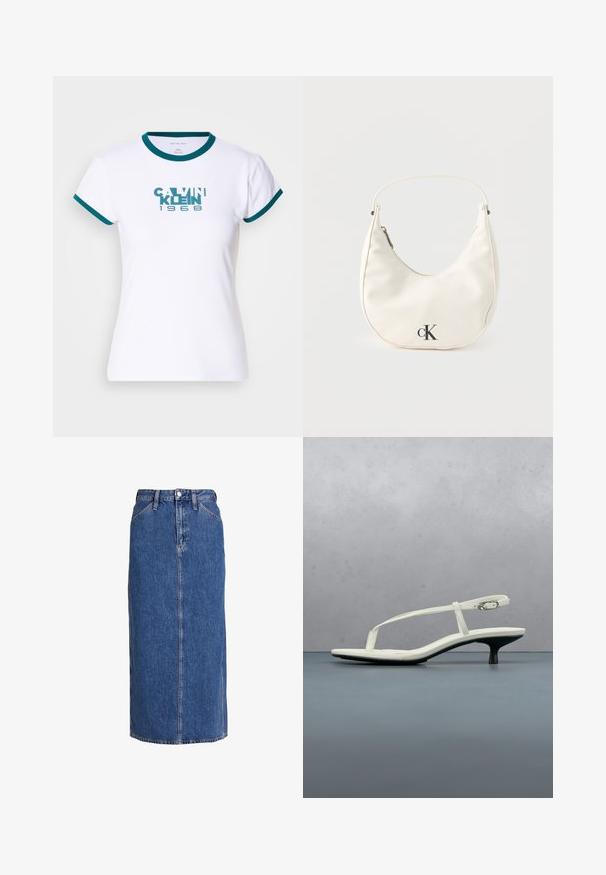 Valkea lyhythihainen t-paita, jossa on turkoosi ribbikuvio kauluksessa ja hihoissa. Edessä on turkoosi "CALVIN KLEIN 1968" -logo. Puuvillakangasta.; Denim midi-hame keskitummassa sinisessä, suoralinjaisella leikkauksella, edestä nappikiinnitys, kaksi sivutaskua ja näkyvät saumat tekstuurin luomiseksi.; Valkoinen remmikiilakorkosandaali, jossa on kärjestään kärkikärkinen varvas, leijuu puulattian päällä ulkona sumean kasvi- ja seinätaustan edessä.; Pieni valkoinen puolikuun muotoinen käsilaukku, jossa lyhyt hihna, vetoketjusuljenta ja musta "cK"-logo edessä.