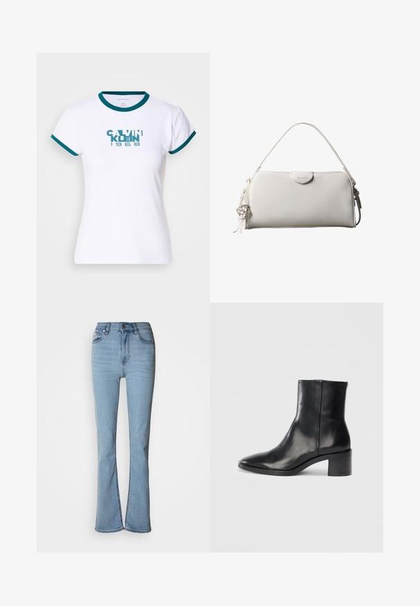 Camiseta blanca de manga corta con cuello y puños acanalados en teal. Presenta el logotipo "CALVIN KLEIN 1968" en teal en el frente. Material de algodón.; Vaqueros de mezclilla azul claro con cintura alta, piernas rectas y detalle de abertura en el dobladillo de los tobillos. Cuenta con cinco bolsillos y cierre de botones.; Botín de cuero negro hasta el tobillo con punta afilada, tacón bajo y bloque, y sutil logotipo embosado. Textura suave con un diseño elegante y costuras mínimas.; Bolso rectangular blanco de Calvin Klein con un solo asa, diseño minimalista y borlas decorativas con un charm metálico geométrico en el lateral.