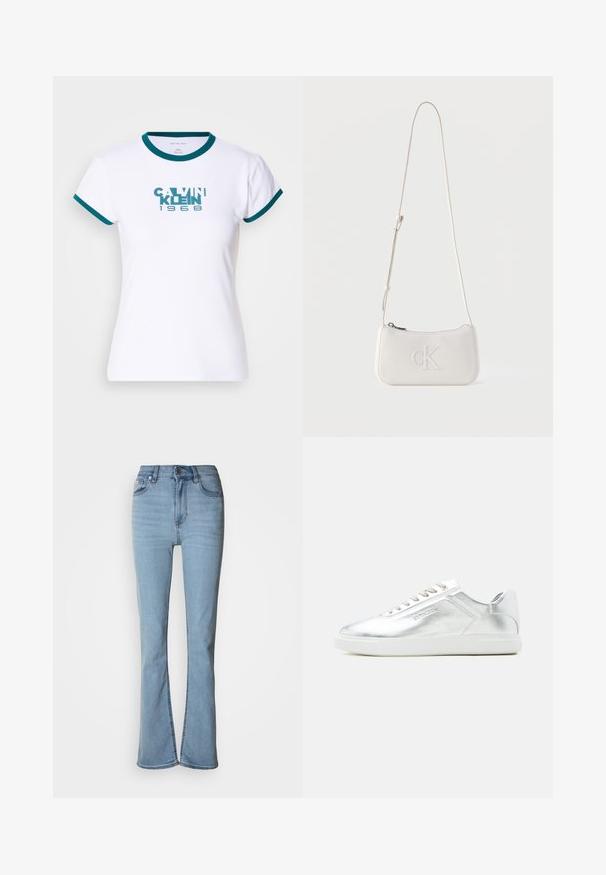 Camiseta blanca de manga corta con cuello y puños acanalados en teal. Presenta el logotipo "CALVIN KLEIN 1968" en teal en el frente. Material de algodón.; Vaqueros de mezclilla azul claro con cintura alta, piernas rectas y detalle de abertura en el dobladillo de los tobillos. Cuenta con cinco bolsillos y cierre de botones.; Zapatilla baja metálica plateada con suela y cordones blancos, textura suave y discreto logotipo en relieve en el lateral.; Bolso de cuero color crema para llevar al hombro, con correa ajustable y logo "cK" en relieve en la parte frontal, cierre con cremallera.