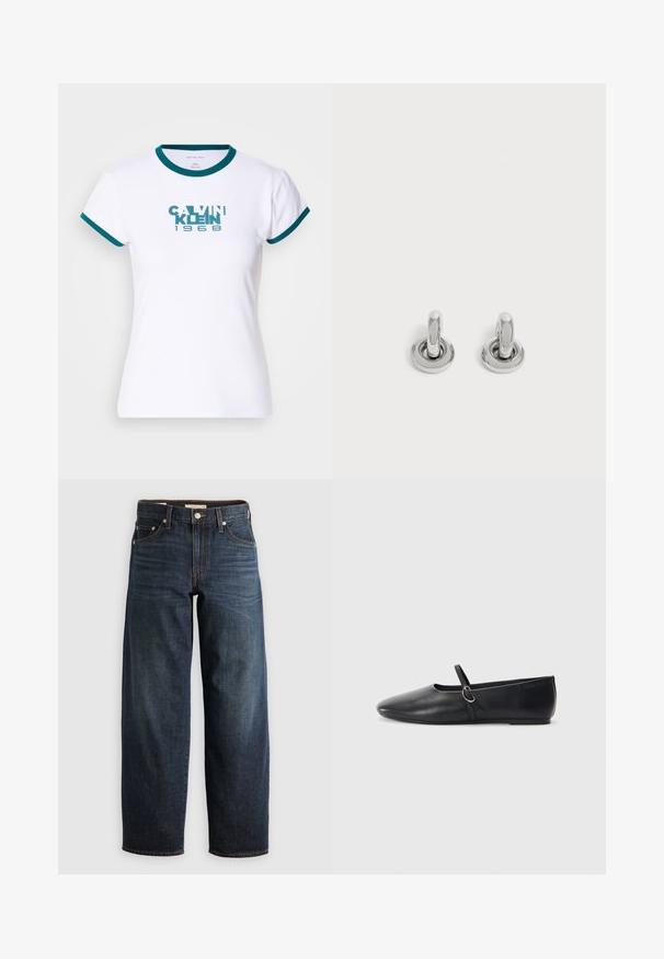 Biely tričko s krátkym rukávom s teal prúžkovaným golierom a manžetami. Na prednej strane sa nachádza logo "CALVIN KLEIN 1968" v teal farbe. Vyrobené z bavlny.; TMavo modré džínsy vyrobené z denimu, s rovnými nohavicami, piatimi vreckami, zdobením švov a zapínaním na gombík.; Čierne kožené baletky s špicatou špičkou, plochou podrážkou a malým remienkom so striebornou prackou.; Pár malých, lesklých strieborných kruhových náušníc s guľatým základom, vystavených na obyčajnom svetlom pozadí.