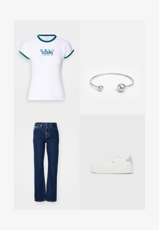 Hvid kortærmet t-shirt med teal ribbet krave og manchetter. Har "CALVIN KLEIN 1968" logo i teal på fronten. Lavet af bomuldsmateriale.; Mørkeblå denimjeans med lige ben, knaplukning og fem lommer. Stoffet har en let struktur med subtile syninger.; Hvide lærredssneakers med en tyk hvid sål, prydet med en metallic sølvaccent på hælen og en diskret logo-detalje på siden.; Sølvmetal bangle armbånd med to sfæriske accenter i hver ende, glat overflade, åben design og slank, minimalistisk form.