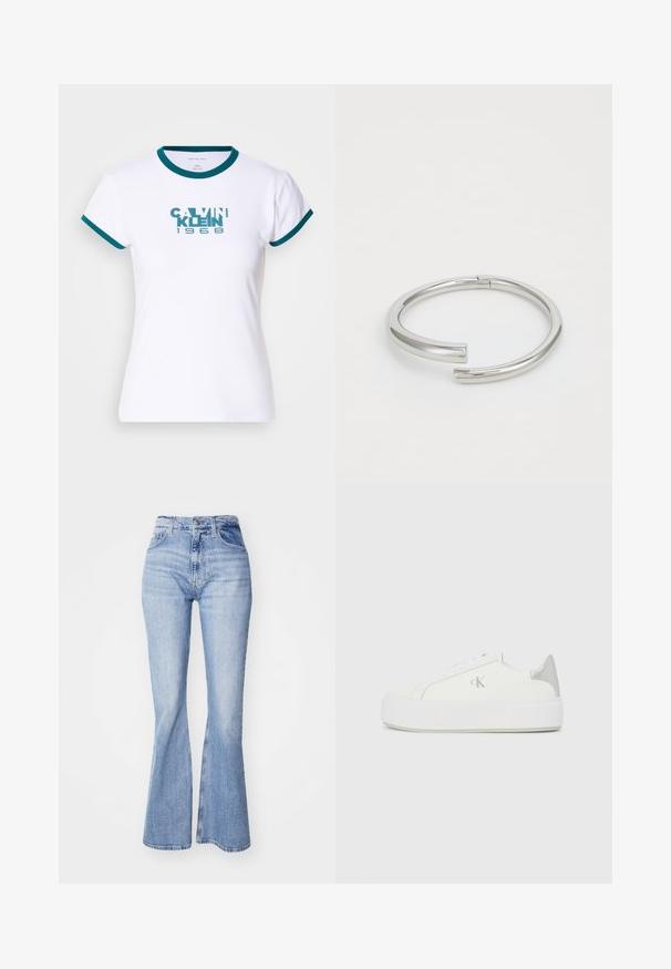 Biely tričko s krátkym rukávom s teal prúžkovaným golierom a manžetami. Na prednej strane sa nachádza logo "CALVIN KLEIN 1968" v teal farbe. Vyrobené z bavlny.; Svetlomodré zvonové džiny vyrobené z denimu, s vysokým pásom, piatimi vreckami a jemným vyblednutím pozdĺž nohavíc.; Biele plátené tenisky s hrubou bielou podrážkou, so strieborným kovovým akcentom na päte a jemným logom na boku.; Calvin Klein SPIRAL - Náramok - silver-coloured
