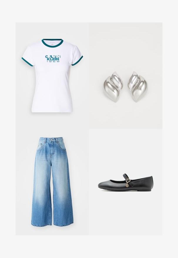 Biely tričko s krátkym rukávom s teal prúžkovaným golierom a manžetami. Na prednej strane sa nachádza logo "CALVIN KLEIN 1968" v teal farbe. Vyrobené z bavlny.; Svetlomodré široké džínsy vyrobené z denimu s vyblednutým umývaním, s vysokým pásom, zapínaním na gombík a bočnými vreckami.; Čierna kožená balerína Mary Jane s nízkym podpätkom, malou zlatou prackou a kruhovým príveskom na bielom pozadí.; Strieborné náušnice s organickým, abstraktným tvarom. Hladký, lesklý povrch s zužujúcim sa dizajnom. Obsahujú jemné krivky a centrálny detail línie.