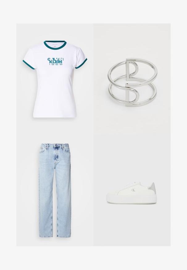 Camiseta blanca de manga corta con cuello y puños acanalados en teal. Presenta el logotipo "CALVIN KLEIN 1968" en teal en el frente. Material de algodón.; Jeans de pierna ancha en azul claro, confeccionados en denim, con una cintura alta, un lavado desgastado y un sutil patrón de tie-dye en la parte delantera.; Zapatillas de lona blancas con una suela blanca gruesa, presentan un acento metálico plateado en el talón y un sutil detalle del logo en el lateral.; Brazalete de metal plateado con un diseño de doble lazo, acabado liso y brillante, y un acento geométrico minimalista.
