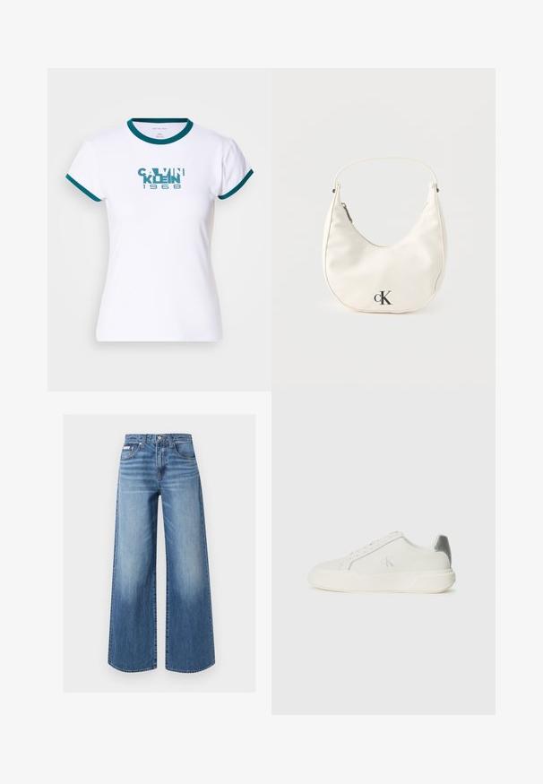 Biely tričko s krátkym rukávom s teal prúžkovaným golierom a manžetami. Na prednej strane sa nachádza logo "CALVIN KLEIN 1968" v teal farbe. Vyrobené z bavlny.; Modré džínsové nohavice s širokými nohavicami, zapínaním vpredu na gombík a zips, v štýle s piatimi vreckami a jemnými vyblednutými detailmi na stehnách a kolenách.; Biele tenisky vyrobené z kože s hladkou textúrou, s strieborným akcentom na päte, plochou podrážkou a minimalisticým dizajnom.; Malá biela kabelka v tvare polmesiaca s krátkym remienkom, zapínaním na zips a čiernym logom "cK" na prednej strane.
