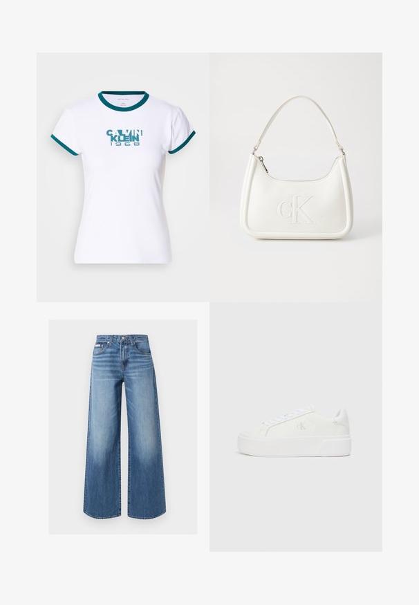 Camiseta blanca de manga corta con cuello y puños acanalados en teal. Presenta el logotipo "CALVIN KLEIN 1968" en teal en el frente. Material de algodón.; Vaqueros azules de pierna ancha con botón y cremallera delanteros, estilo de cinco bolsillos y detalles sutiles descoloridos en muslos y rodillas.; Zapatillas de plataforma blancas con parte superior de cuero suave, punta redondeada, cordones blancos y un sutil detalle de logotipo en el lateral. Suela de goma plana.; Bolso de mano de cuero blanco con forma curvada, con un logo "CK" en relieve en la parte delantera y una sola correa para el hombro. Cierre de cremallera en la parte superior.