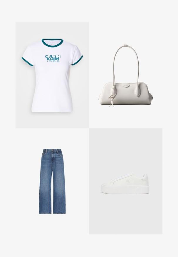 Valge lühikeste varrukatega t-särk, millel on teal värvi ribavarrukad ja krae. Kesisel esiküljel on teal värvi logo "CALVIN KLEIN 1968". 100% puuvill.; Sinised kõrge vöökohaga laiade säärtega teksapüksid ees oleva nupu ja tõmblukuga, vööaasade ja klassikalise viie tasku disainiga.; Valged platvormiketid sileda nahkjalaga, ümmargune varvas, valged paelad ja peen logo detail küljel. Lame kummist tald.; Valge Calvin Kleini õlakott pikkade sangadega, ristkülikukujuline, tõmblukuga, kaunistava logoga ripats sangast lähedal.