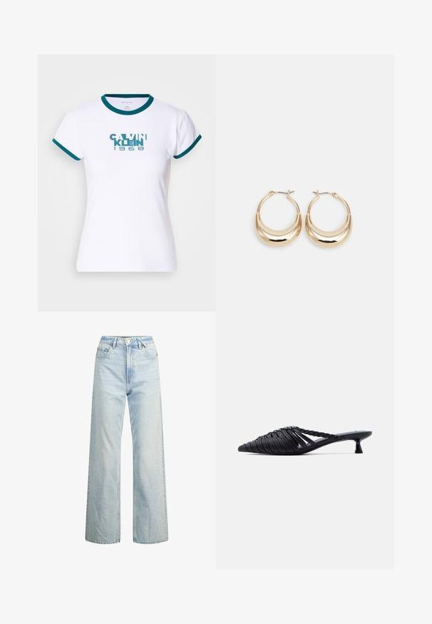 Witte t-shirt met korte mouwen en teal kleurige ribboord aan de kraag en mouwen. Voorzien van het logo "CALVIN KLEIN 1968" in teal op de voorkant. Gemaakt van katoen.; Lichtgekleurde denim wijde jeans met hoge taille, klassieke vijf-pocketontwerp en contrasterende stiksels. Rechte pijp en rafelige zoom.; Zwarte geweven leren mule met puntige neus, lage kittenhak en gevlochten banddetail op een witte achtergrond.; Gouden hoepel oorbellen met een halve maan vorm, gepolijste oppervlakte en scharnier sluiting. De gladde textuur en weerspiegelende afwerking vergroten de zichtbaarheid.