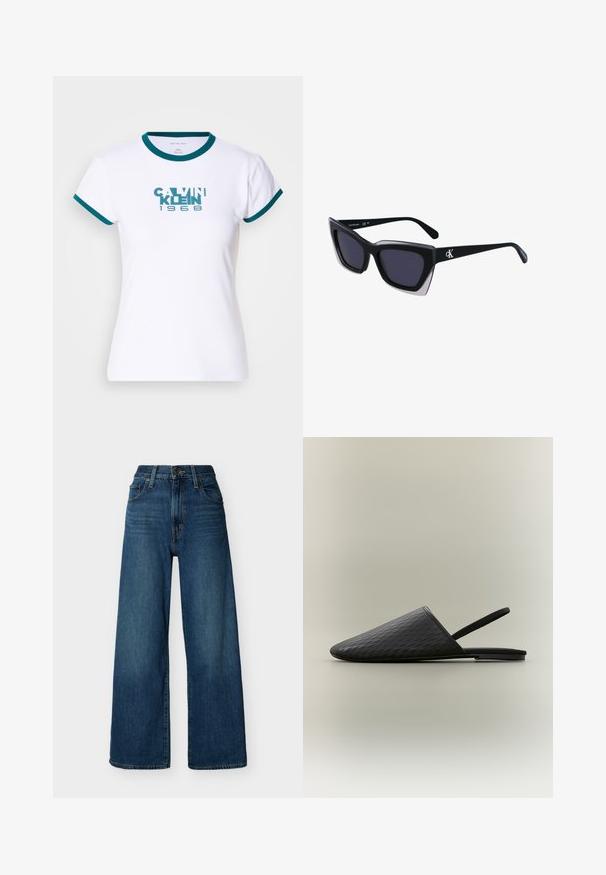 Biely tričko s krátkym rukávom s teal prúžkovaným golierom a manžetami. Na prednej strane sa nachádza logo "CALVIN KLEIN 1968" v teal farbe. Vyrobené z bavlny.; Modré džínsové rifle s vysokým pásom a širokými nohavicami, s predným zapínaním na gombíky a zips, pútkami na opasok a prednými vreckami na jednoduchom pozadí.; Čierny textúrovaný plochý mule s špicatou uzavretou špičkou a tenkým elastickým remienkom okolo päty, na jednofarebnom svetlom pozadí.; Čierne oversized slnečné okuliare s geometrickým tvarom, s tmavými šošovkami a kontrastným šedým detailom na ráme. Logo na mostíku.