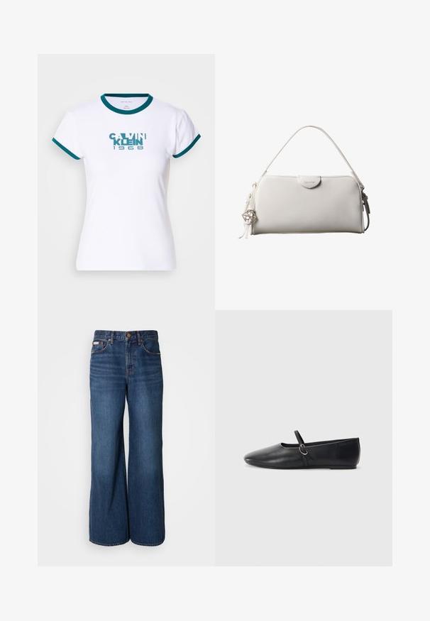 Witte t-shirt met korte mouwen en teal kleurige ribboord aan de kraag en mouwen. Voorzien van het logo "CALVIN KLEIN 1968" in teal op de voorkant. Gemaakt van katoen.; Wijdvallende jeans van donkerblauwe denim. Kenmerken zijn een hoge taille, vijf zakken en contrasterende oranje stiksels langs de naden.; Zwarte leren balletschoenen met een spitse neus, platte zool en een kleine strap met een zilveren gespsluiting.; Witte rechthoekige Calvin Klein handtas met enkele handgreep, minimalistisch ontwerp en decoratieve kwastjes met geometrische metalen hanger aan de zijkant.