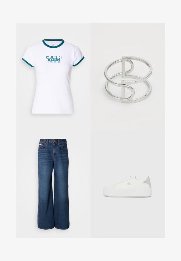 Biely tričko s krátkym rukávom s teal prúžkovaným golierom a manžetami. Na prednej strane sa nachádza logo "CALVIN KLEIN 1968" v teal farbe. Vyrobené z bavlny.; Džíny s širokými nohavicami vyrobené z tmavomodrého denim. Vlastnosti zahŕňajú vysoký pás, päť vreciek a kontrastné oranžové švy pozdĺž švov.; Biele plátené tenisky s hrubou bielou podrážkou, so strieborným kovovým akcentom na päte a jemným logom na boku.; Strieborný kovový náramok s dvojitým slučkovým dizajnom a hladkým, lesklým povrchom, s minimalistickým geometrickým akcentom.
