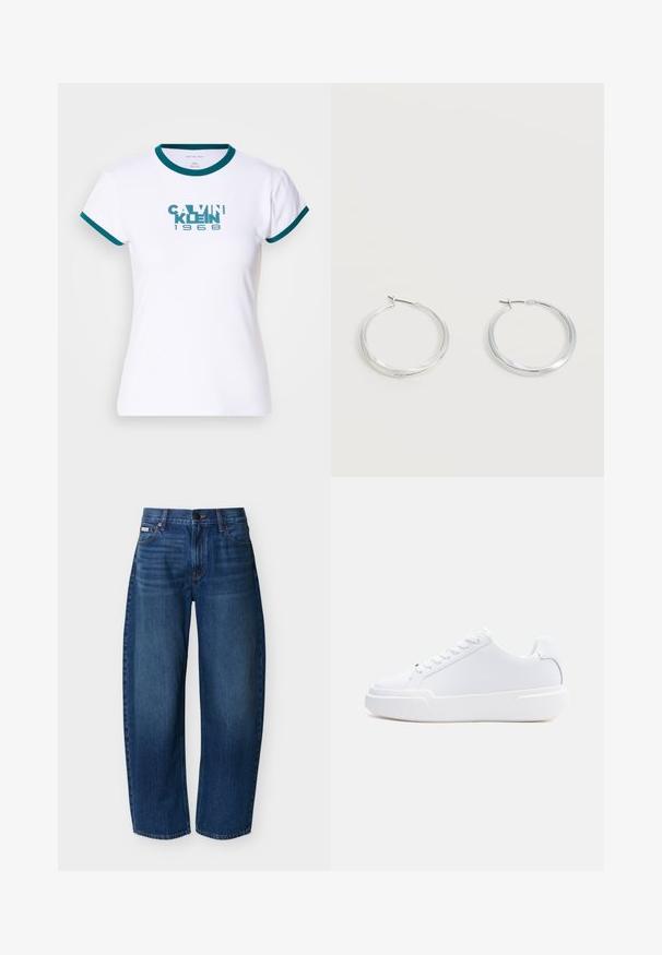 Biely tričko s krátkym rukávom s teal prúžkovaným golierom a manžetami. Na prednej strane sa nachádza logo "CALVIN KLEIN 1968" v teal farbe. Vyrobené z bavlny.; Tmavomodré rifle s vysokým pásom a priamymi nohavicami, predné vrecká, púzdra na opasok, zapínanie na gombík a jemné vyblednutie na stehnách.; Biely nízky topánok s viazaním na šnúrky, hrubou podrážkou a hladkým zvrškom, zobrazený z vonkajšej strany na jednoduchom svetlom pozadí.; Strieborné kovové kruhové náušnice s hladkým, mierne zakriveným povrchom a zapínaním na poistku na jednoduchom bielom pozadí.