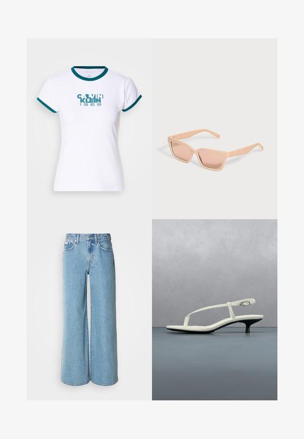 Biely tričko s krátkym rukávom s teal prúžkovaným golierom a manžetami. Na prednej strane sa nachádza logo "CALVIN KLEIN 1968" v teal farbe. Vyrobené z bavlny.; Svetlomodré široké rifle vyrobené z denimu, s vysokým pásom, päticou vreciek a jemným vyblednutím na látke.; Biela sandála na podpätku kitten s remienkami a zašpicatenou špičkou, lietajúca nad drevenou dlažbou vonku s rozmazaným pozadím rastlín a steny.; Obdĺžnikové svetlé broskyňové slnečné okuliare s hrubými rámami a zodpovedajúcimi tónovanými sklami na jednoduchom svetlom pozadí.